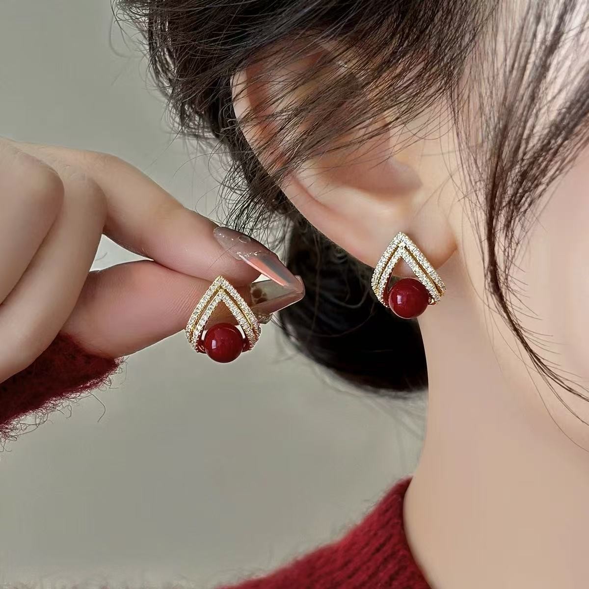 Pearl Stud Earrings - Anting Mutiara Merah Anggur Mode Korea