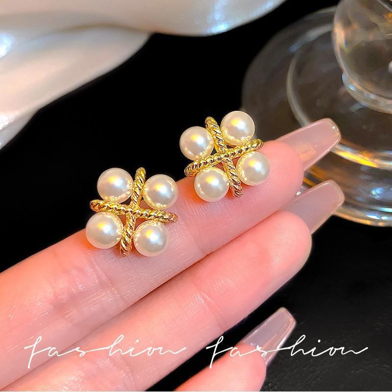 Pearl Stud Earrings - Anting-anting Mutiara Salib Mode Korea Perak