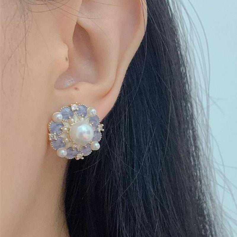 Pearl Stud Earrings - 925 anting-anting bunga tetesan minyak ungu